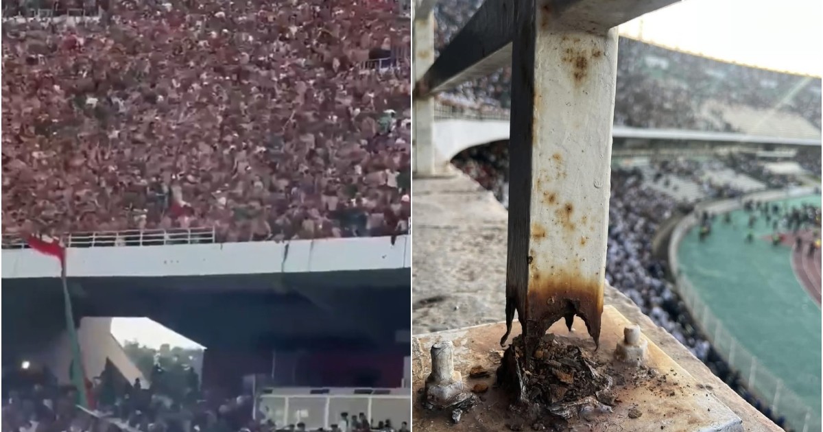 Colaj cu o bariera rupta pe stadionul % iulie din Algeria, in stanga se vede o multime de oameni in tribune dupa ce bariera s-a rupt, in dreapta imagine cu un stalp metalic, rupt si ruginit, al barierei care a cedat. Iunie 2025