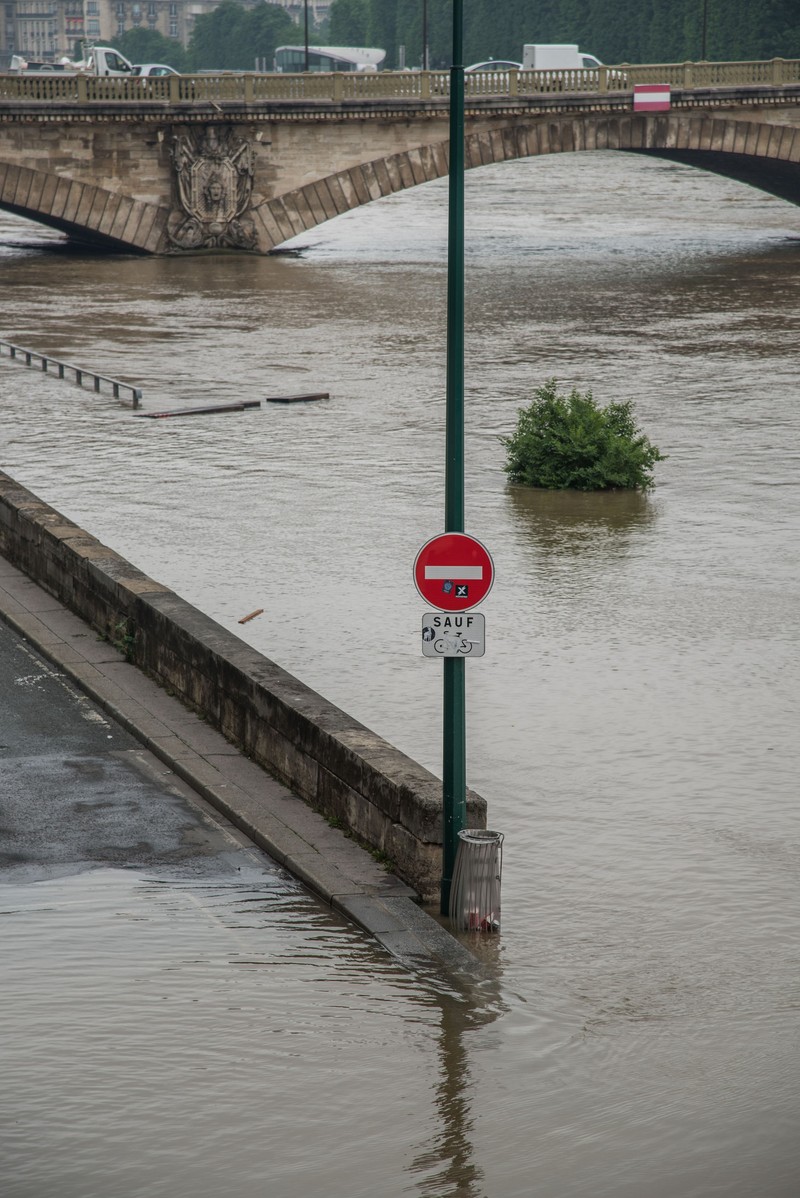 After the most ever rainy month of may, the level of Seine River keep on growing on June 1, 2016 in Paris, France. The feet of the Zouave statue on the Pont de l'Alma, considered an indicator of the level of the Seine, are covered by the rising waters. When his feet are under water, emergency flood precautions are taken. Photo by Christophe Geyres/ABACAPRESS.COM