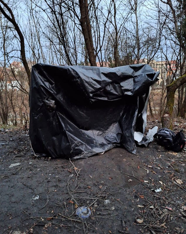 Opt oameni fără adăpost, găsiți în corturi din pături și celofan, într-o pădure din Bistrița. Printre ei, o fetiță de 2 ani și un băiat de 6 ani