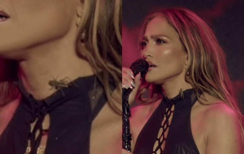 Reacția lui Jennifer Lopez când a simțit că un greiere s-a pus pe ea. S-a întâmplat în timpul concertului ei din Kazahstan