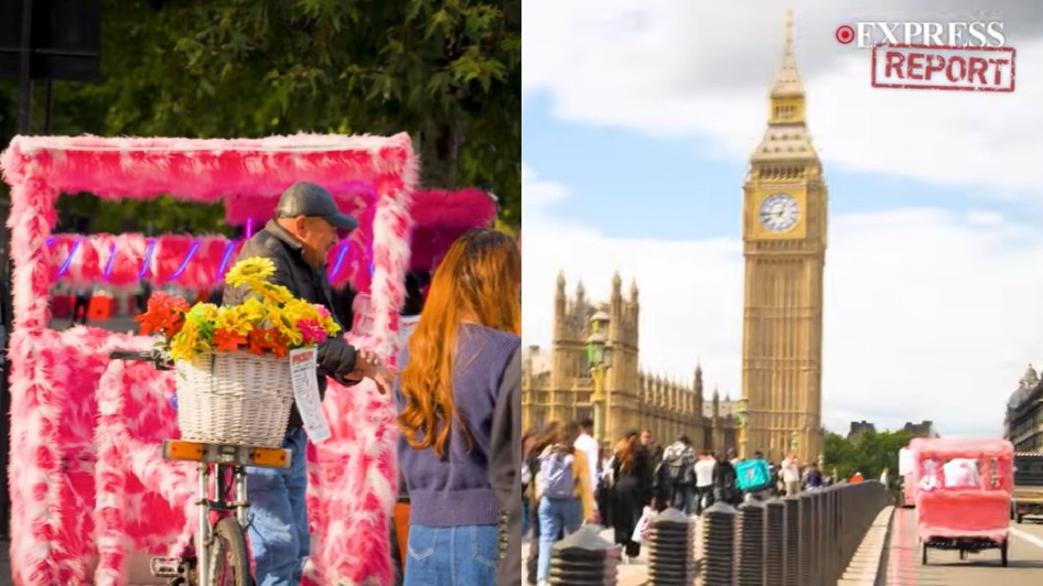 Taxiuri bicicleta roz la Londra, lângă Parlamentul Marii Britanii
