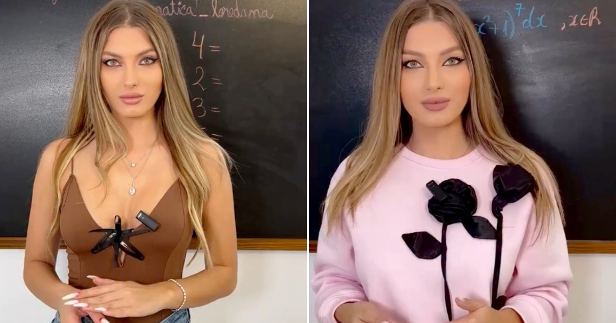 Tănără care stă cu spatele la o tablă pe care sunt scrise exerciti de matematică