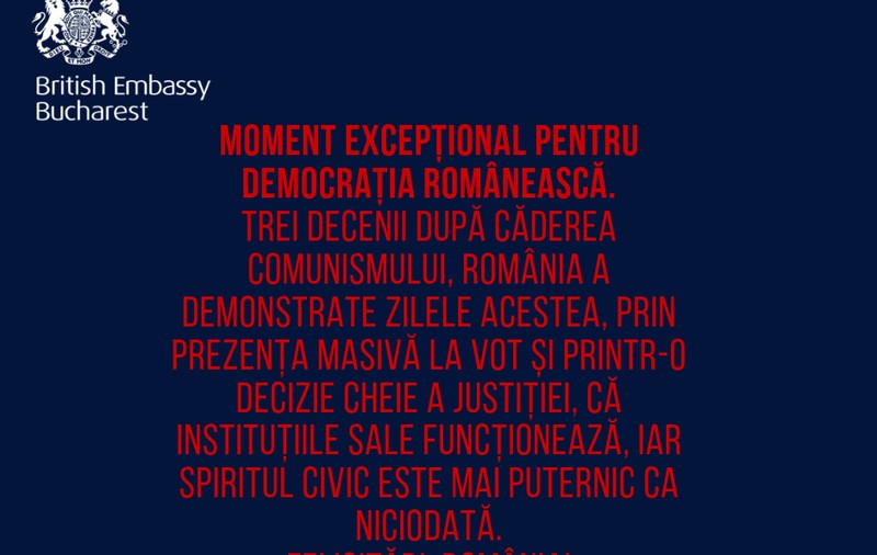 Mesaj al ambasadei britanice la București: Felicitări, România! Moment excepțional pentru democrația românească