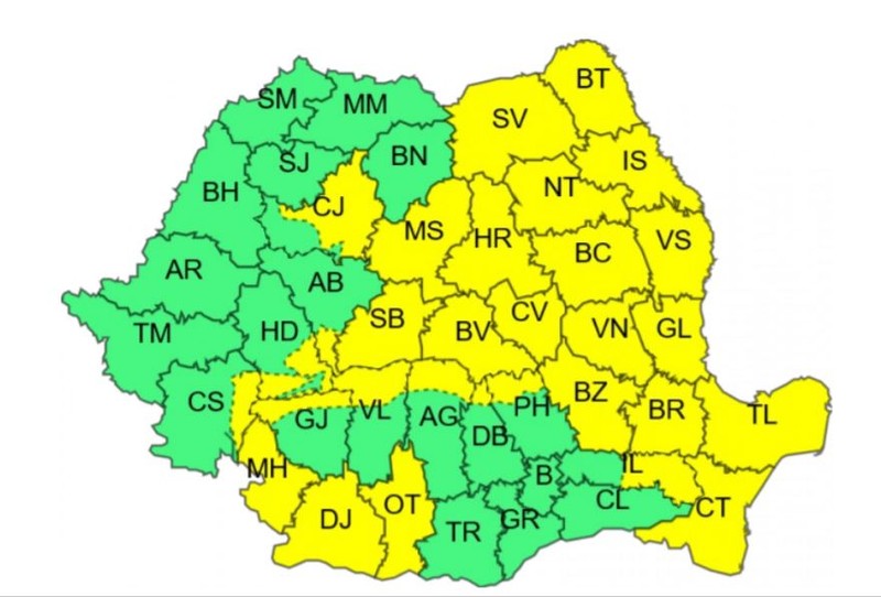 Zonele vizate de codul galben de vânt puternic marți, de la 8.00 dimineața până seara, la ora 20.00