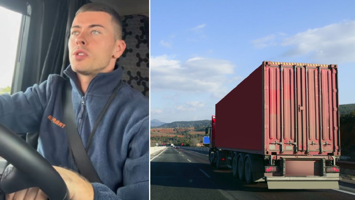 Colaj din două fotografii: în stânga apare un tânăr cu părul scurt și castaniu conducând un camion, iar în dreapta un TIR cu remorcă roșie, pe o autostradă cu mai multe benzi, cu munți și un cer parțial înnorat în fundal.
