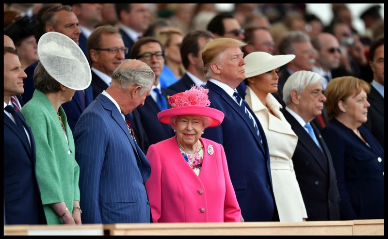 Image ©Licensed to i-Images Picture Agency. 05/06/2019. Portsmouth, United Kingdom. HM The Queen attends D-Day 75th anniversary ceremony. Queen Elizabeth II accompanied by Prince Charles, The Prince of Wales, attends the D-Day 75 National commemorative Event at Southsea Common, Portsmouth, joined by President Trump, Prime Minister of Canada Justin Trudeau, President of the France Emmanuel Macron and Britain's Prime Minister Theresa May. Picture by Andrew Parsons / i-Images June 5, 2019