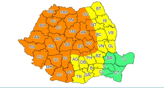 Alerta cod portocaliu este valabilă până pe 31 iulie, ora 10.00. Alerta cod galben este valabilă până la ora 22.00.