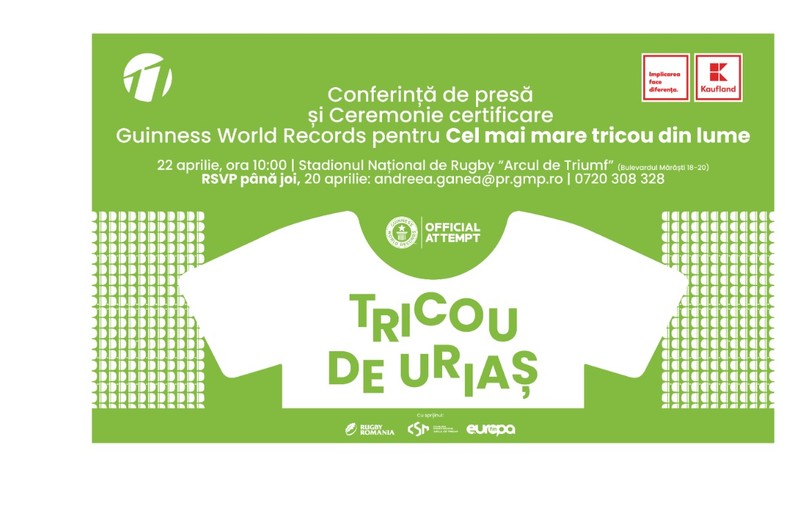 România va intra în Cartea Recordurilor cu un Tricou de Uriaș. Află cum poți participa la eveniment
