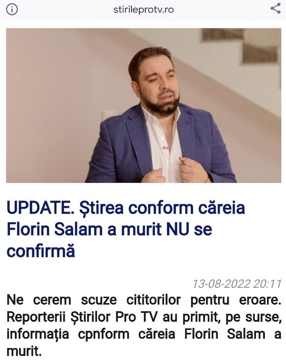 Captură cu dezmințirea informației pe site-ul PRO TV