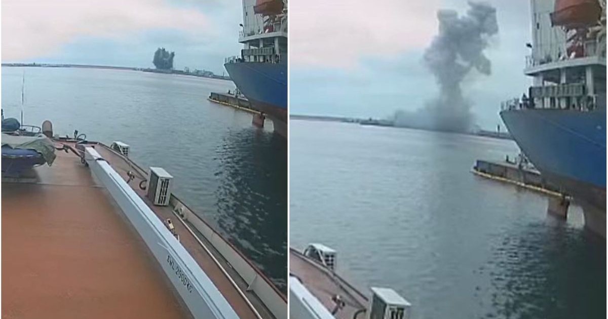 Momentul exploziei dronei maritime din Portul Constanța, care a avut loc vineri dimineața, a fost filmat de pe o navă, Constanța, 5 iunie 2026