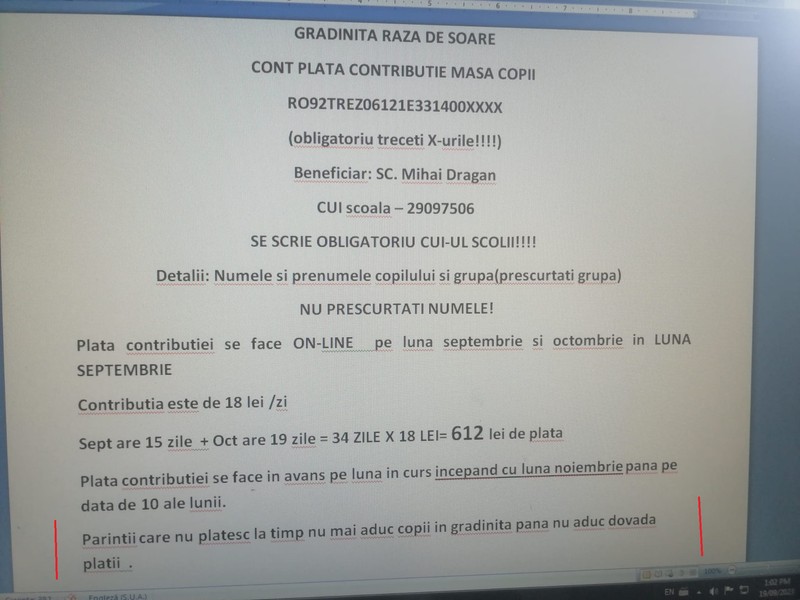 Anunțul grădiniței către părinți