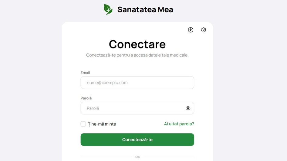 Platforma e-Sanatatea Mea, lansată de CNAS, se vede în imagine un portal de logare