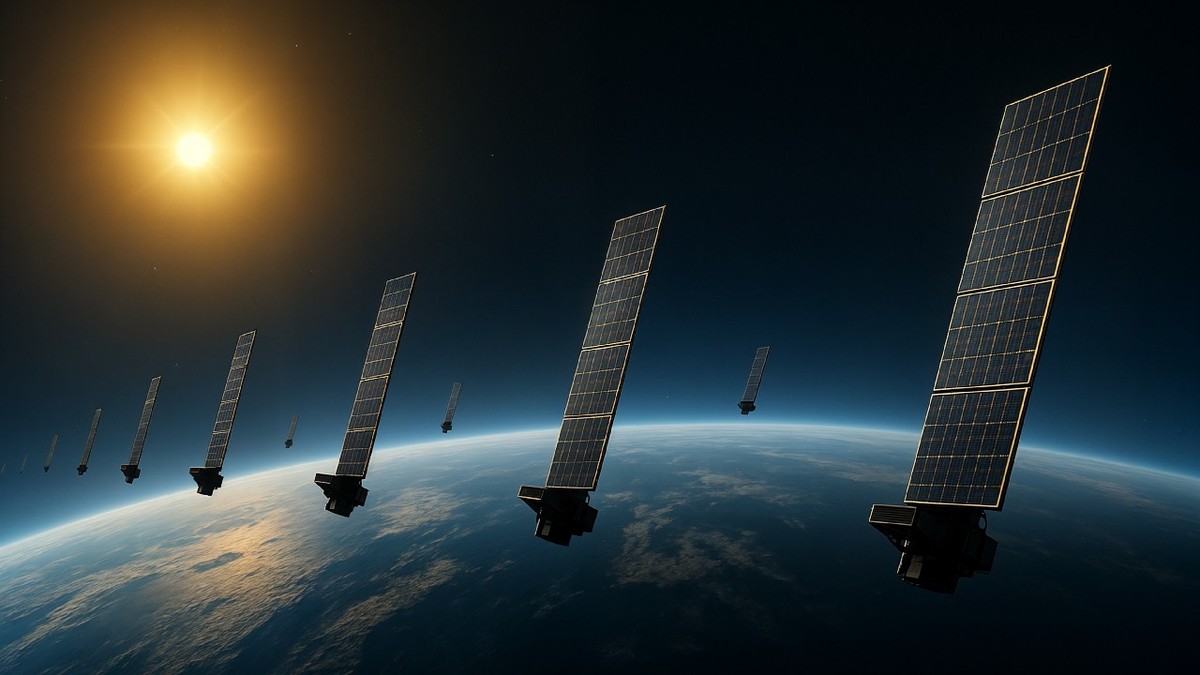 Flotă de sateliți Starlink pentru internet aflați pe orbita Pământului. O linie de sateliți de comunicații, cu Soarele la orizont. 