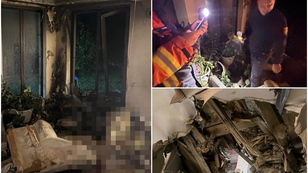Colaj cu trei imagini ce arată pagubele grave produse într-o locuință, inclusiv interiorul distrus al unei camere, echipaj de intervenție inspectând noaptea și un tavan prăbușit.