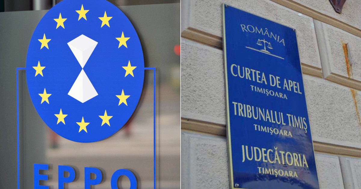 Sigla Parghetului european pe fundal albastru cu scris alb si stelute galbene și Tribunalul Timis