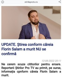 Captură cu dezmințirea informației pe site-ul PRO TV