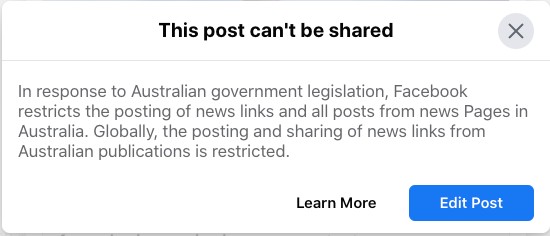 Mesajul Facebook la orice postare de conținut de știri din Australia