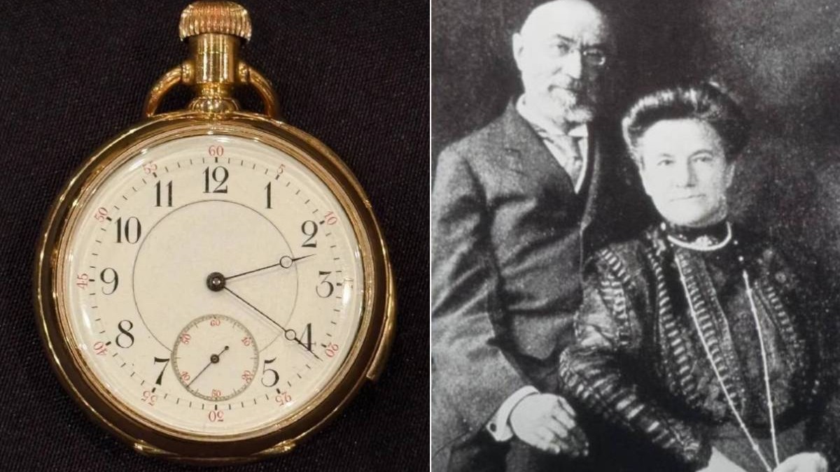 Colaj cu ceasul de 18 karate , in stanga, care a apartinut pasagerului de pe Titanic, Isidor Straus, dreapta, alaturi de sotia sa, Ida Straus, care au murit in 1912
