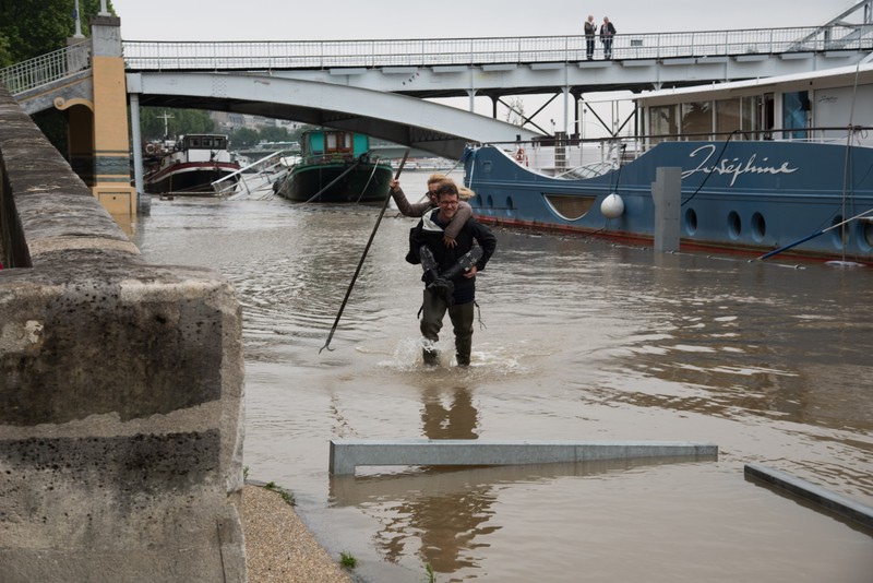 After the most ever rainy month of may, the level of Seine River keep on growing on June 1, 2016 in Paris, France. The feet of the Zouave statue on the Pont de l'Alma, considered an indicator of the level of the Seine, are covered by the rising waters. When his feet are under water, emergency flood precautions are taken. Photo by Christophe Geyres/ABACAPRESS.COM