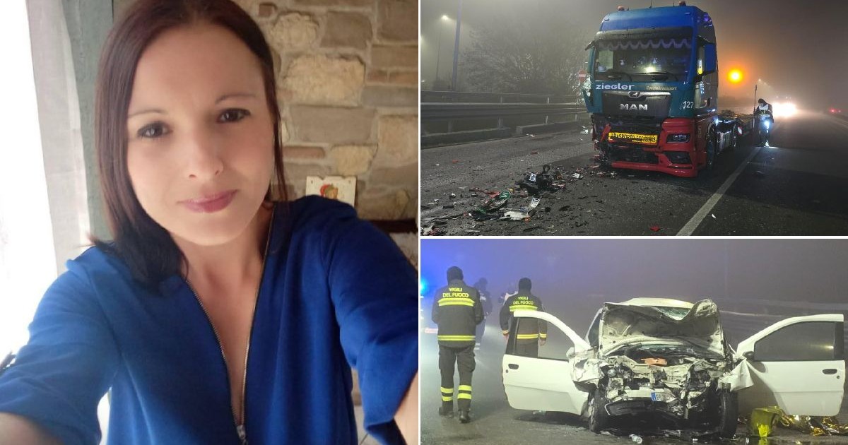 Colaj foto: în stânga, o femeie în cămașă albastră; dreapta sus, camion accidentat pe un drum în ceață; dreapta jos, mașină distrusă cu doi pompieri.