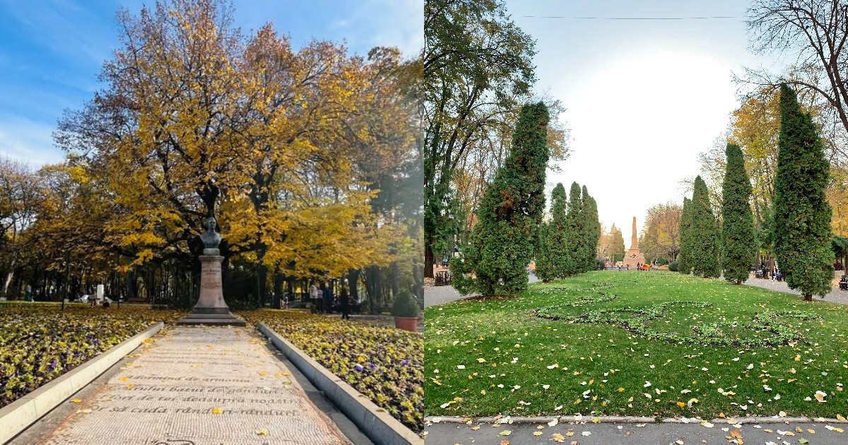 Parcul Copou, toamna. Colaj: în stînga teiul lui Eminescu în culori de toamna, in dreapta Parcul Copou, grădină publică veche, cu un obelisc care este cel mai vechi monument din România și un copac vechi de 500 de ani.