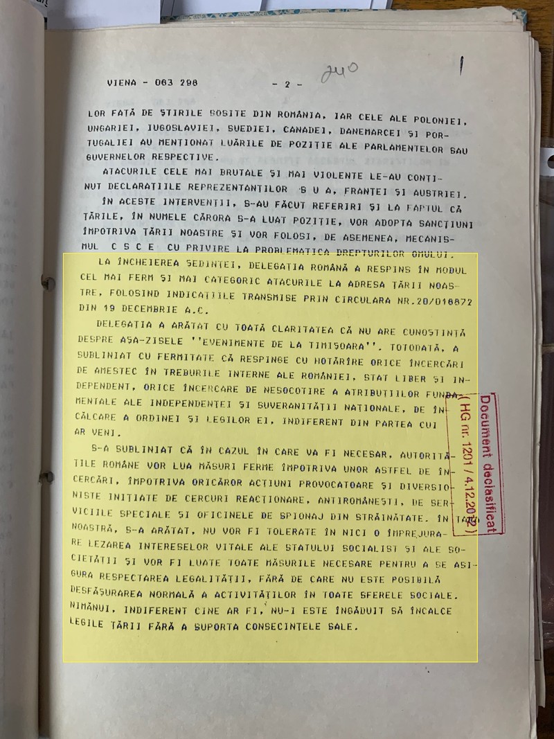 Telegrama ambasadorului român la Viena din 20 decembrie 1989