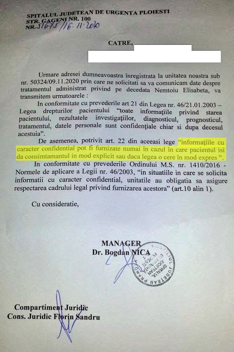 Documentul prin care managerul dr. Bogdan Nica a refuzat să dea familiei Nemțoiu dosarul medical al Elisabetei Nemțoiu