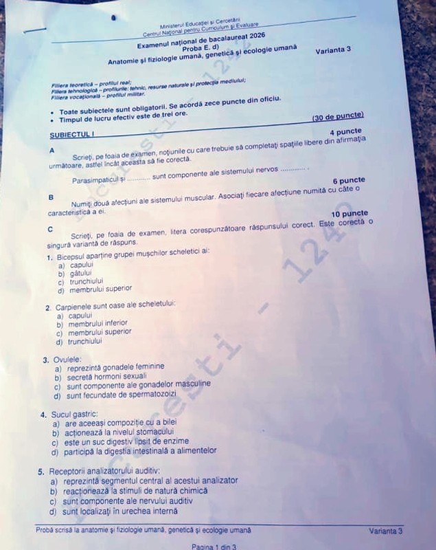 Subiecte Biologie și Anatomie la Bac 2026. Baremul de corectare a fost publicat