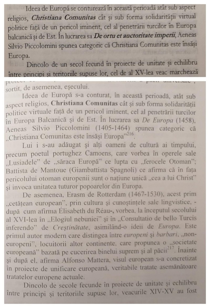 Exemplu de metodă a „divagării”: (jos) fragment din „Sub Zodia «Statelor Unite ale Europei»” (p. 85), comparat cu (sus) unul din „Istoria integrării europene” (p.23). 