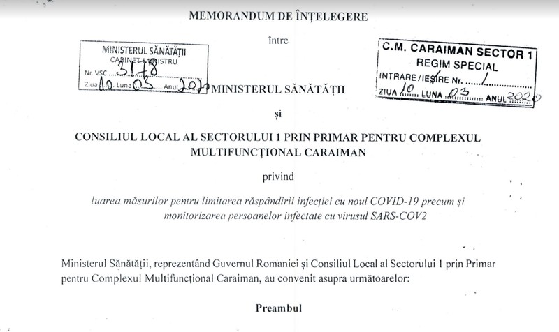 Ministerul Sănătății și Consiliul local al sectorului 1 agreau un memorandum prin care să ia măsurile care să limiteze răspândirea infecției cu noul COVID-19