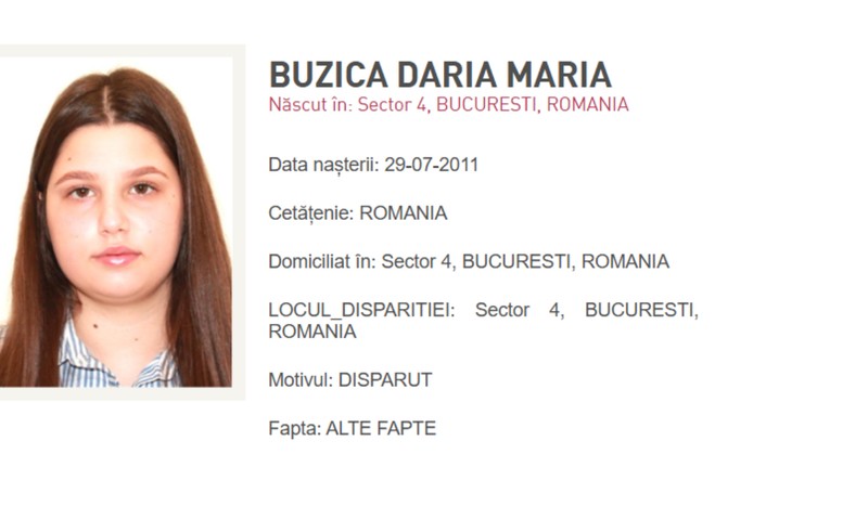 O tânără pe nume BUZICA DARIA-MARIA care este dată dispărută