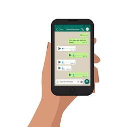 Hand holding smartphone and send message. Voice chat. Isolated. Vector