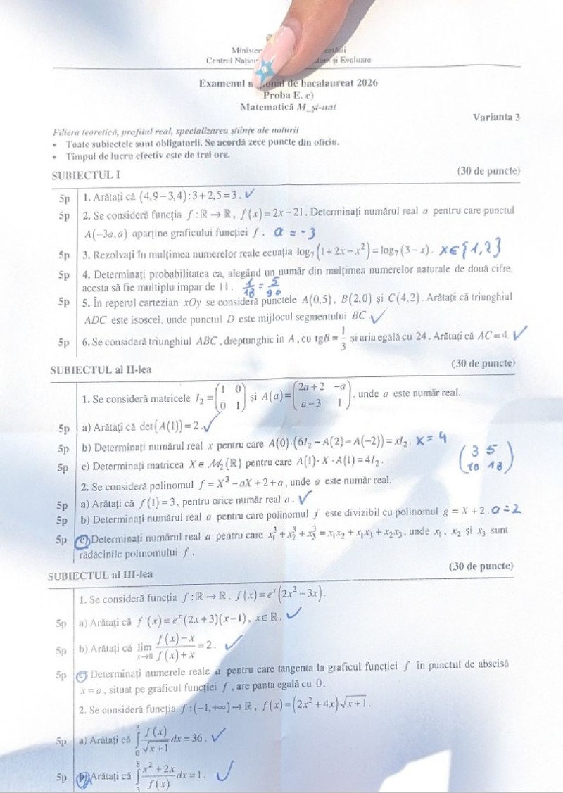 subiecte Matematică Bac 2026 Științele Naturii Foto: Știrile ProTv
