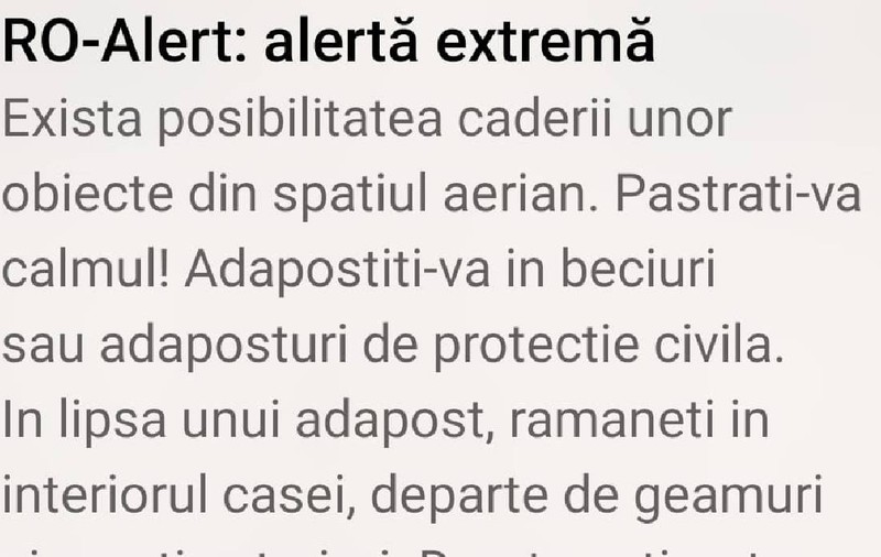 Mesaj RO-Alert în judeţul Tulcea: riscul căderii unor obiecte din aer, după atacuri în Ucraina