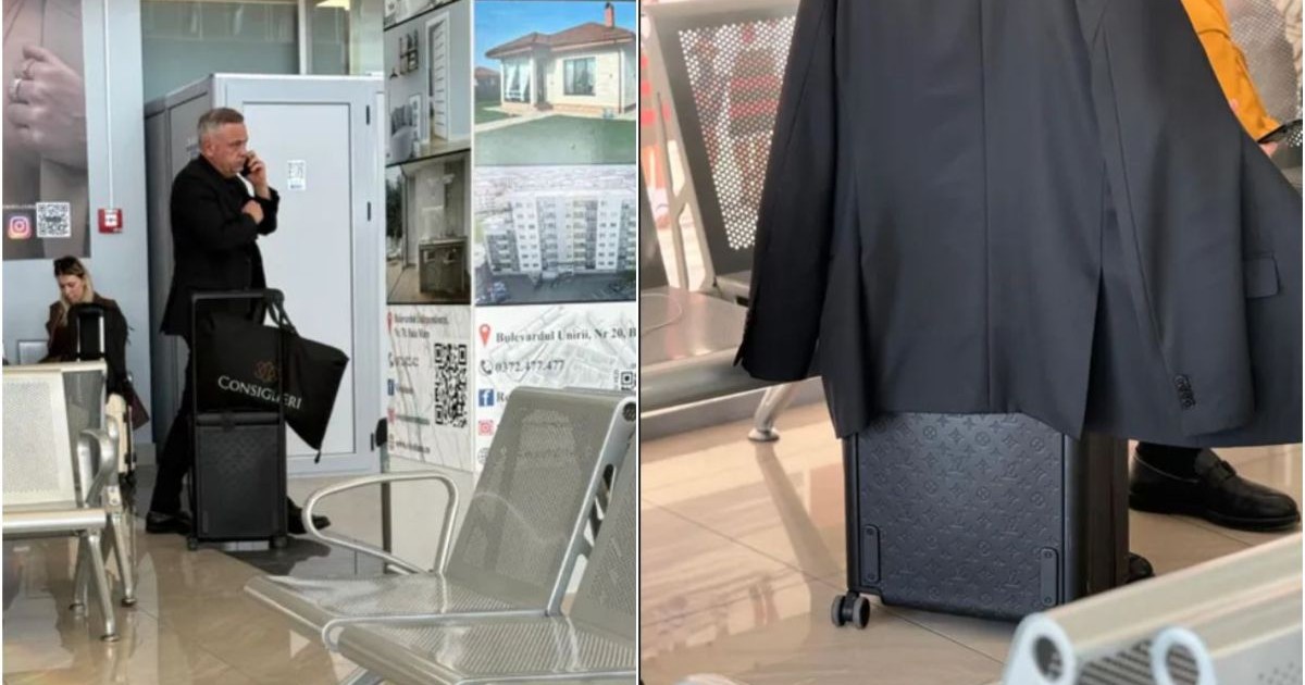 În stânga, este ministrul PSD al Agriculturii, Florin Barbu, vorbește la telefon în aeroport și are o valiză, iar în partea dreaptă este prim-plan cu valiza Louis Vuitton, acoperită sus cu un sacou