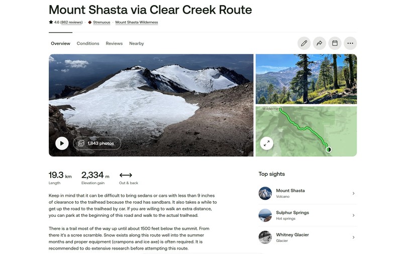 AllTrails evaluează traseul Clear Creek spre Muntele Shasta drept „dificil”, cu 19,3 kilometri lungime și o diferență de nivel de 2.334 de metri, și avertizează că pot fi necesari colțari și piolet. Sursă foto: Captură AllTrails