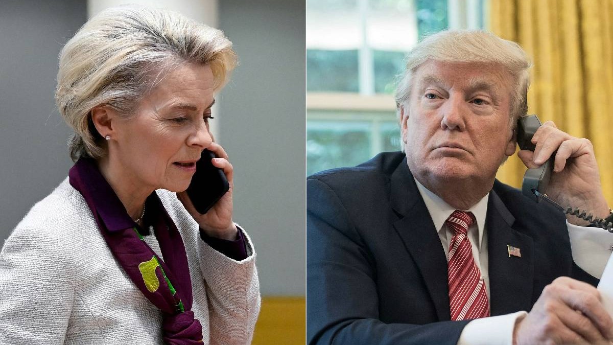 În imaginea împărțită în două Ursula von der Leyen și Donald Trump par că vorbesc unul cu celălalt la telefon
