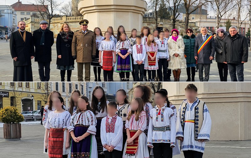 Elevi din Dej, ținuți la minus 6 grade, în cămăși populare cu mânecă scurtă, pentru pozele oficialilor locali de Ziua Micii Uniri | VIDEO