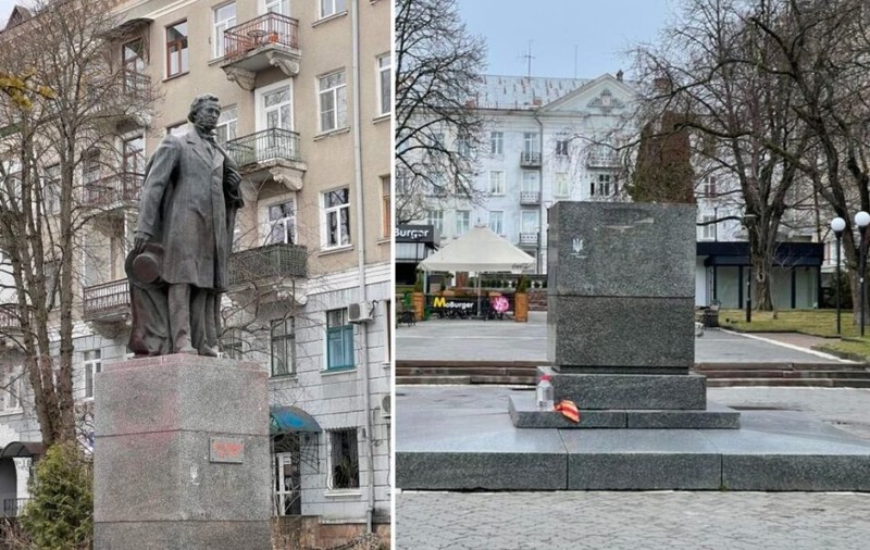 Consiliul Local din Ternopil a dat jos statuia lui Pușkin din centrul orașului. Primar: „Crimele nu ne lasă de ales. Tot ce e rusesc trebuie demontat”