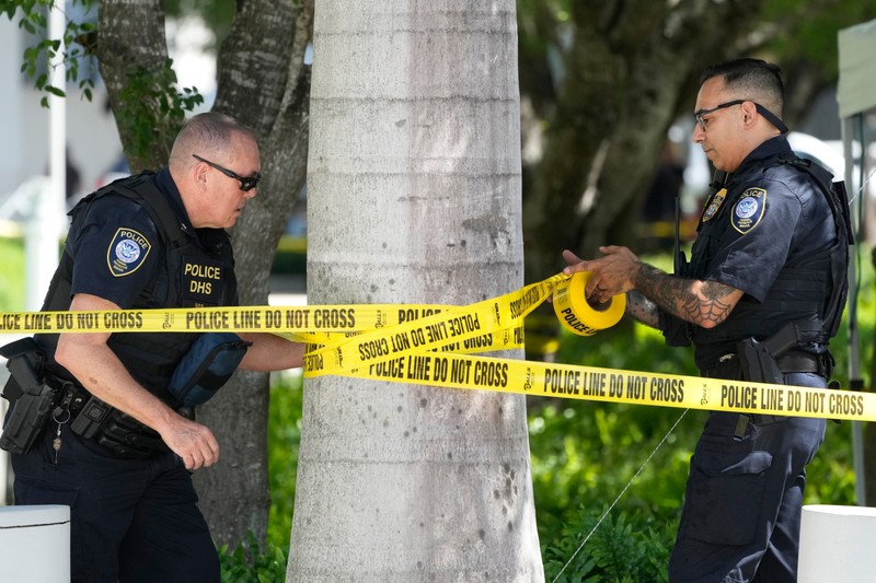 Federal Protective Service Police officers cordon off an area outside the Wilkie D. Ferguson Jr. U.S. Courthouse, Monday, June 12, 2023, in Miami. Former president Donald Trump is set to appear at the federal court Tuesday, on dozens of felony charges accusing him of illegally hoarding classified information and thwarting the Justice Department’s efforts to get the records back.,Image: 782973116, License: Rights-managed, Restrictions: This content is intended for editorial use only. For other uses, additional clearances may be required., Model Release: no, Pictured: Donald Trump