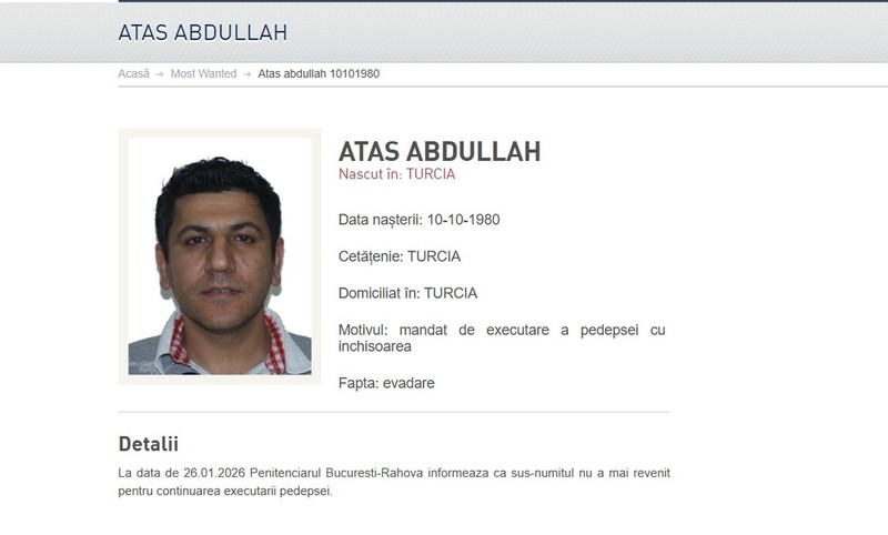 Evadatul Abdullah Atas are 45 de ani. El a fost condamnat definitiv în 2017 la 22 de ani și 10 luni de închisoare pentru crimă