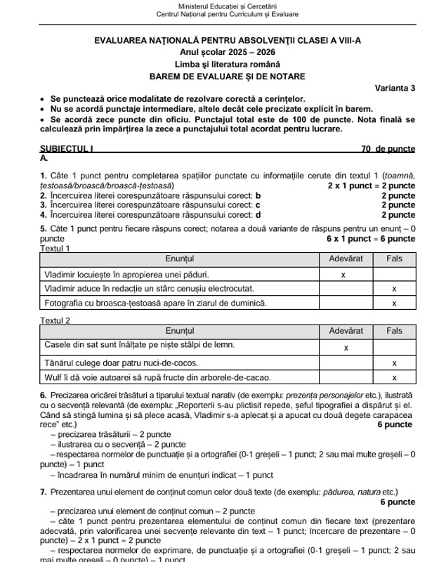 Subiectele la Română la Evaluarea Națională 2026 – Ce spune baremul de corectare