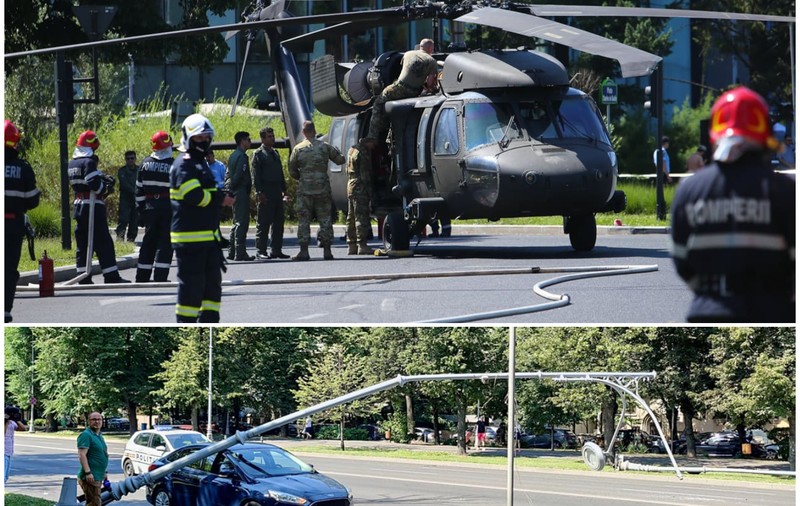 Un elicopter american a aterizat forțat în intersecția de la Aviatorilor și a doborât doi stâlpi. Martor: „Am crezut că e cutremur”