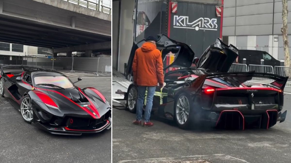 Colaj din două fotografii cu un Ferrari negru cu accente roșii fotografiat din față și aceeași mașină surprinsă din spate, lângă o persoană îmbrăcată într-o jachetă portocalie și blugi.