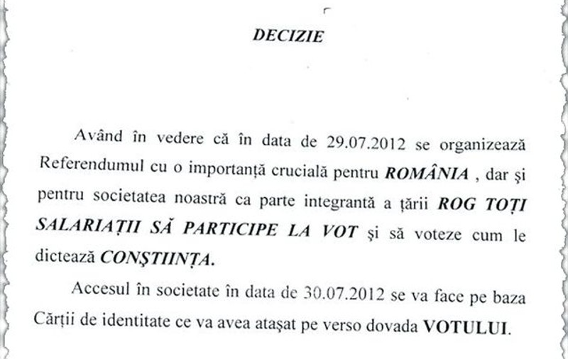 La o firmă din Bârlad, nu votezi, nu eşti primit la serviciu