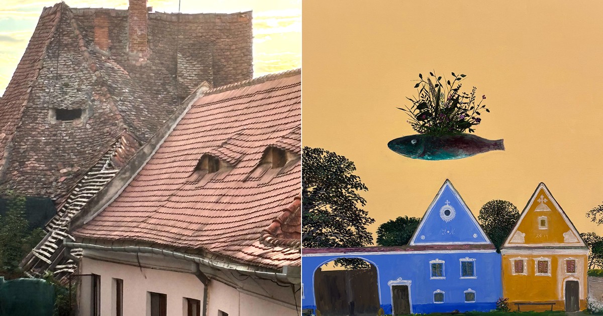 Colaj din doua poze, poza din stanga acoperisul unei case cu tigla in forma de solzi si in dreapta un tablou cu un peste care zboara