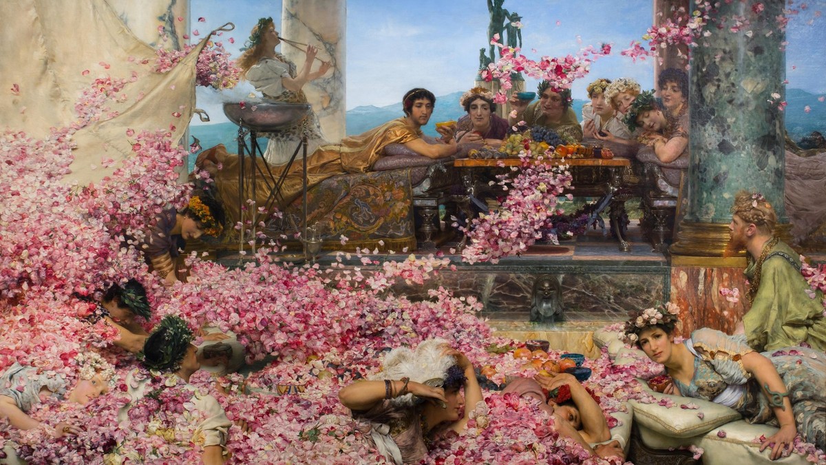 „The Roses of Heliogabalus", de Lawrence Alma-Tadema, ilustrează mesele romanilor la un banchet.