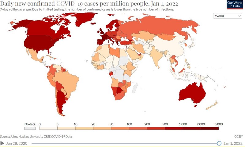 Harta cu cazurile COVID înregistrate în lume perioada 28 ianuarie 2020 - 1 ianuarie 2020 (foto captură ourworldindata.org)