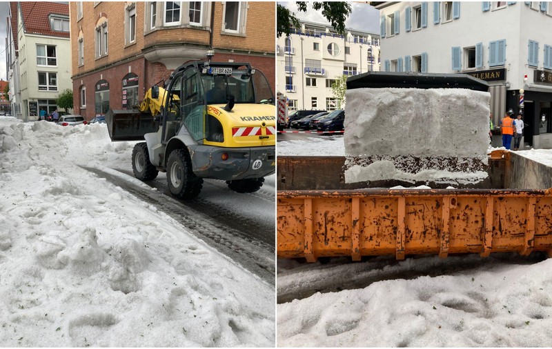Grindină îndepărtată cu plugul de zăpadă, în Germania. Un oraș a fost acoperit de 30 cm de gheață, după o furtună - VIDEO