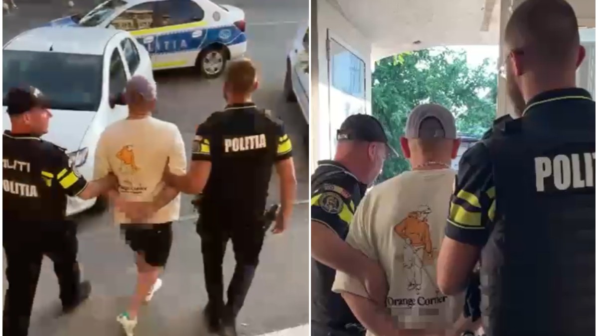 Un bărbat a fost reținut de polițiști și condus cu mâinile încătușate spre mașina de poliție
